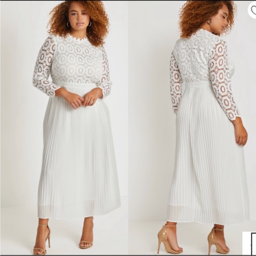 Eloquii White Lace Long Sleeve Pleated Midi Dress